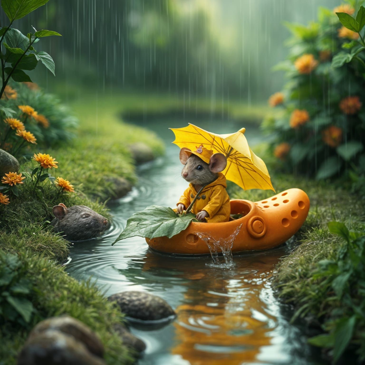 under a pouring summer rain, a small anthropomorphic mouse floats along a picturesque miniature river ...  by @Zhopen
