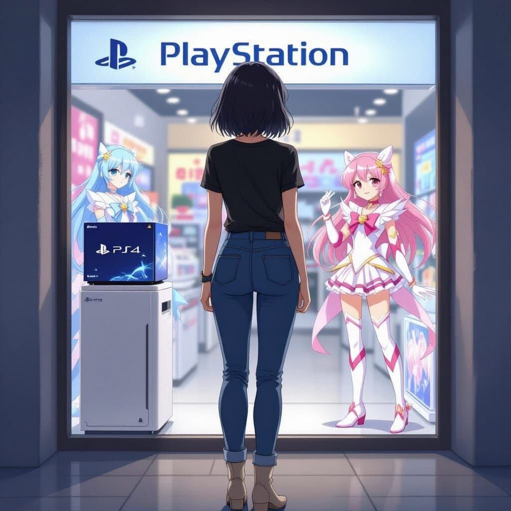 Anime Woman Outside Video Game Shop