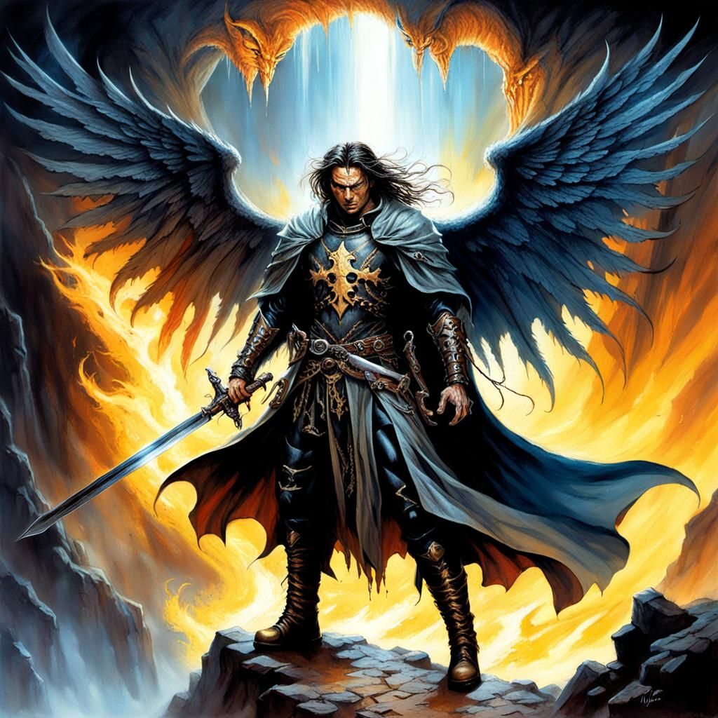 gloomy warrior above the right shoulder flies a demon, above the left shoulder an angel. the warrior is armed with a straight sword. leather...