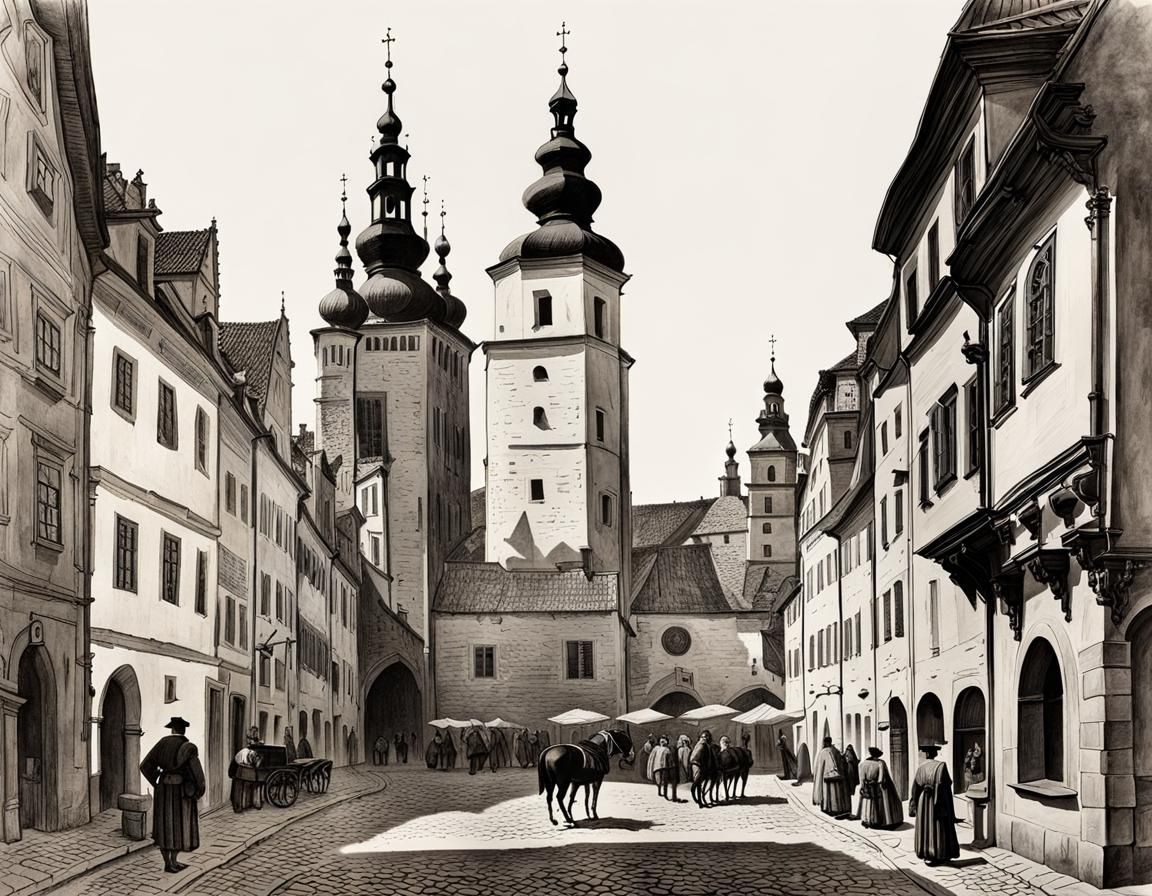 Pencil graphics of 16th century Cracow in Poland