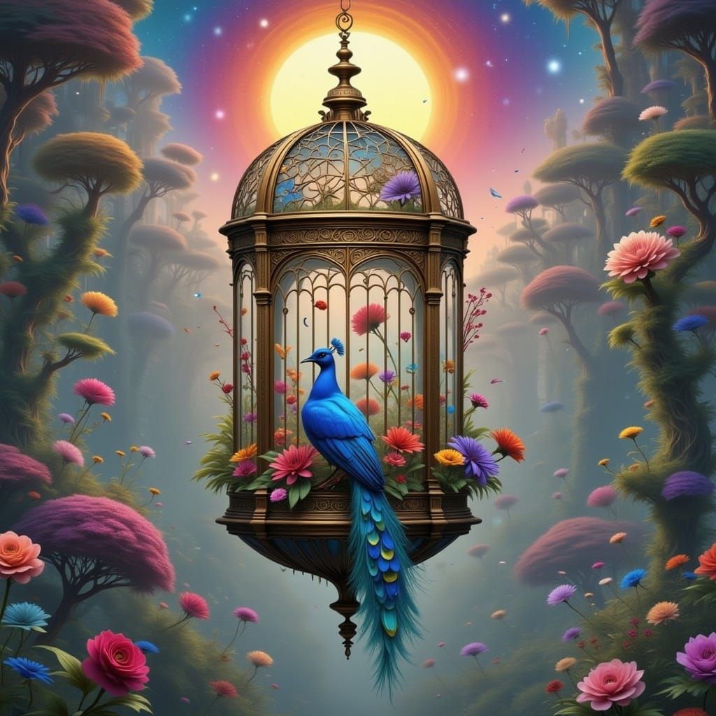 <lora:BLUEBIRD MILLENNIUM:1.0>
UKIO-E AN ANTIQUE RED PEACOOK INSIDE A FILIGREE GEORGIAN-STYLE CAGE, COLOURFUL-FLOWERED CREATION, 
3D FRACTAL...