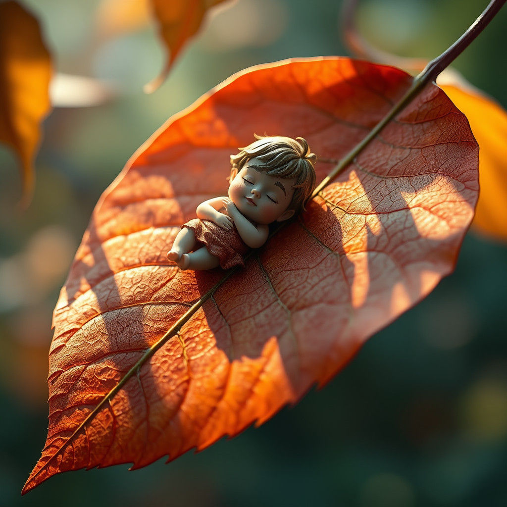 Miniature Figure on Autumn Leaf Drifting