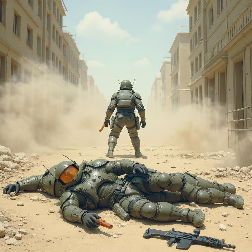 Set in a sci-fi future. A futuristic soldier with a scratched helmet and broken visor fights off a creature who has pounced on him. He has a...