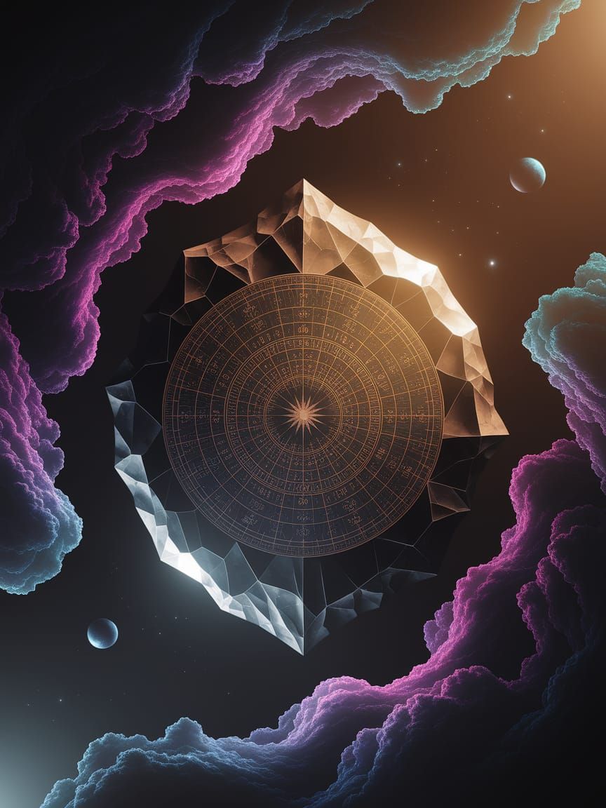 An ancient, intricately detailed star map etched onto a crystalline tablet, floating in the void of deep space. Swirling nebulae in vibrant ...