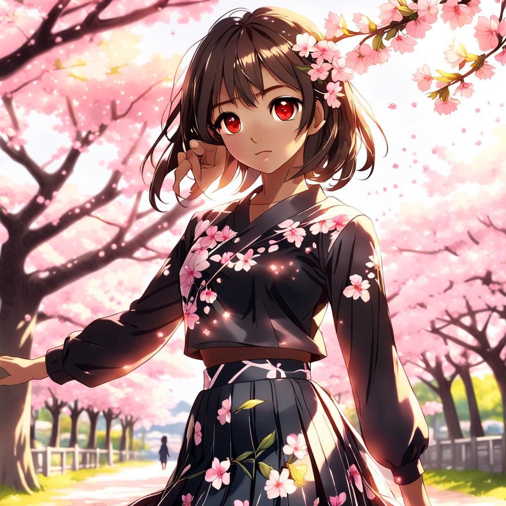 Anime Girl in floral crop blouse- long skirt posed under a pink cherry ...