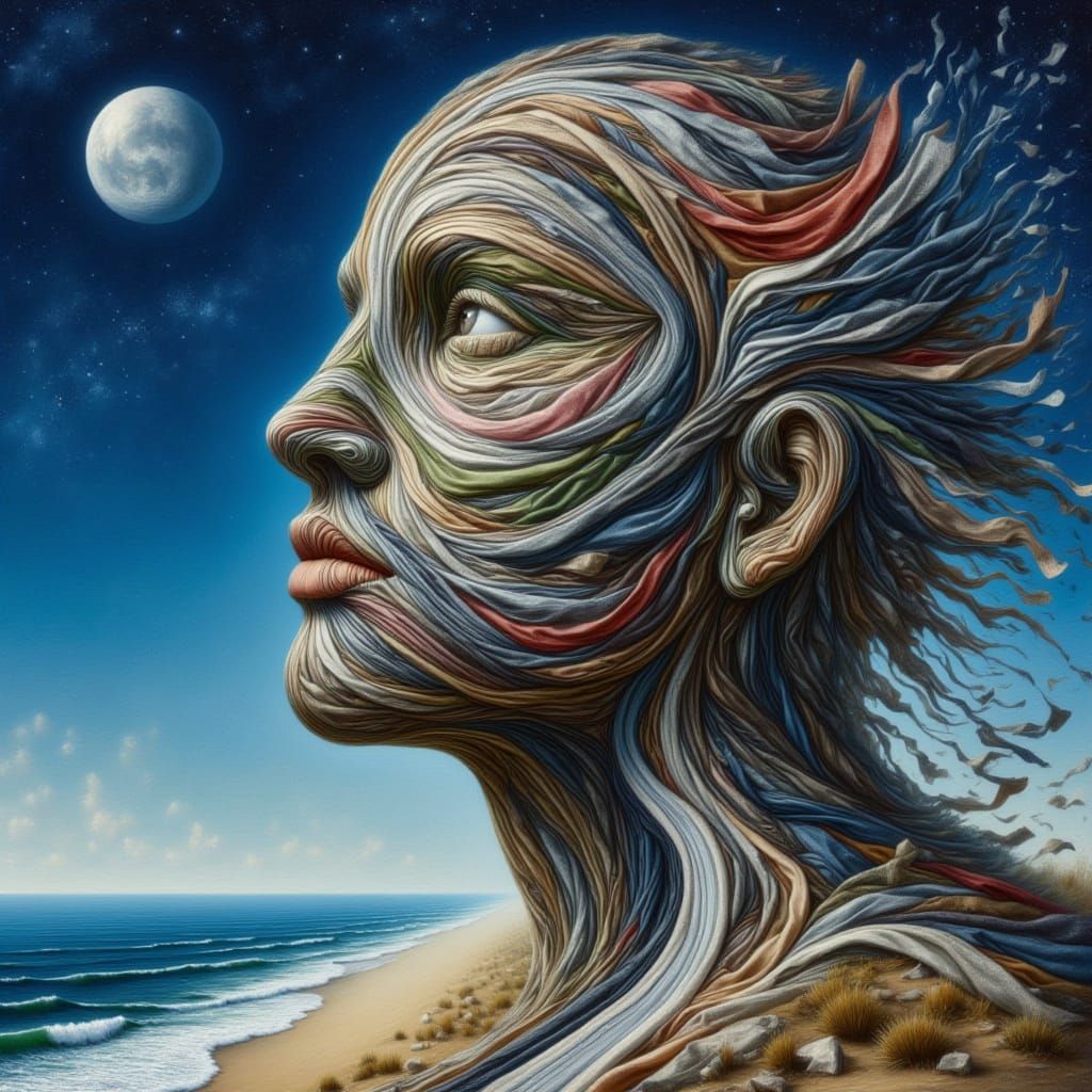 <lora:kak-FabricFace:1.0>Face created entirely of messy fabrics, clothes, trash patterns, junk, profile, a highway passing through the mouth...