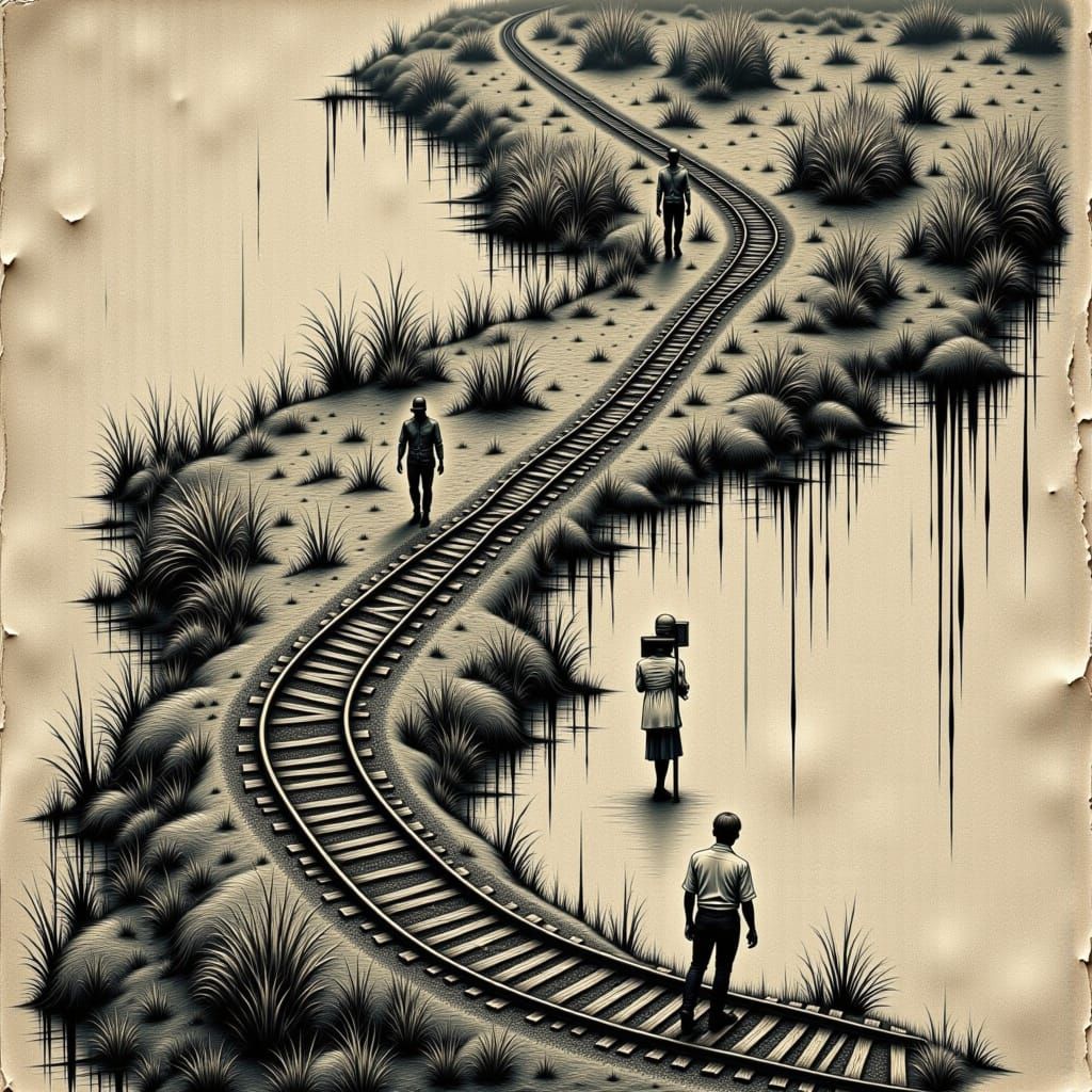 Surreal Train Tracks Force Landscape Bend, Muted Realism