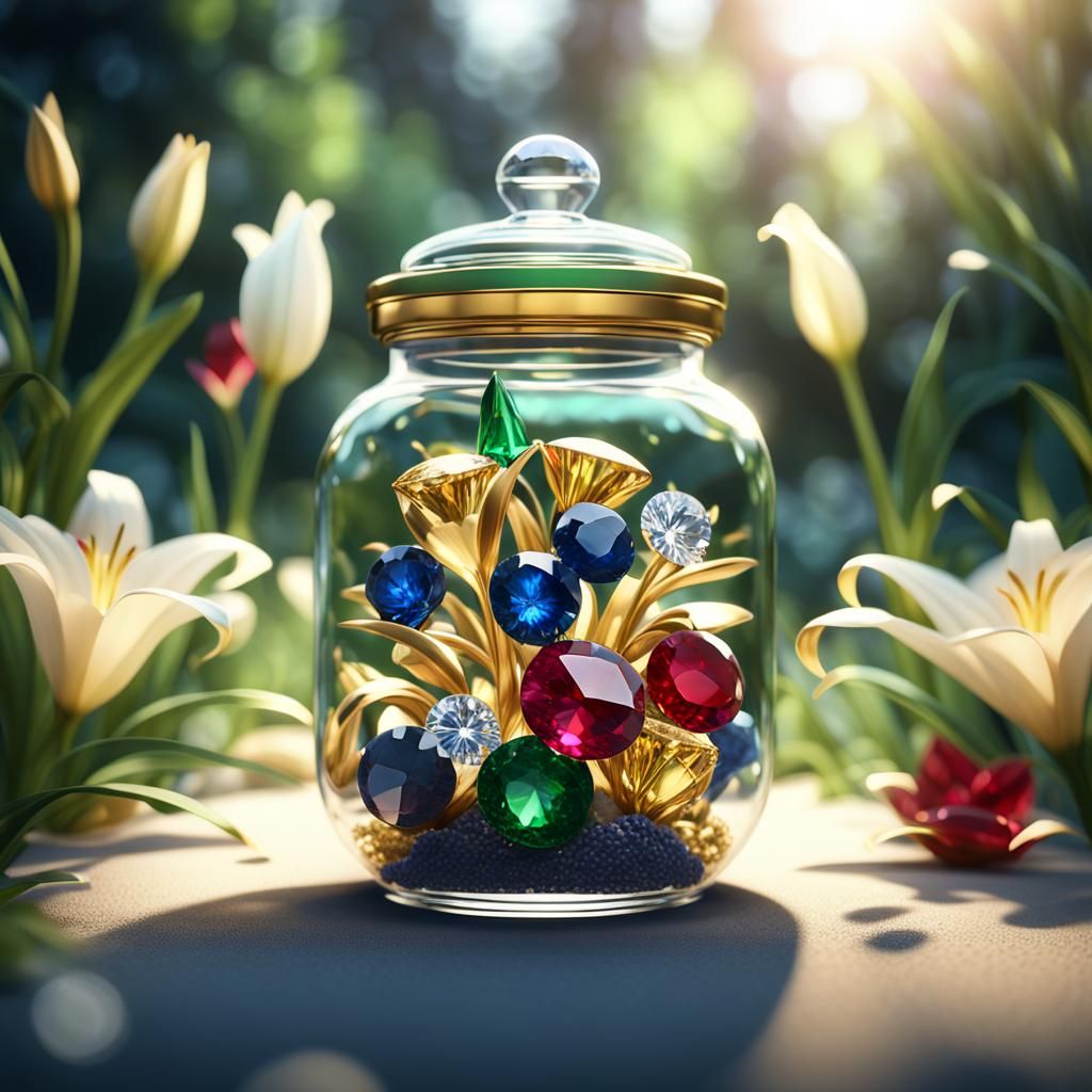 A beautiful jar filled with golden diamond, ruby, emerald, a...