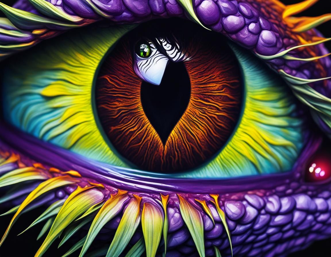 Closeup of a a dragon eye, realistic, luminol UV Blacklight ...