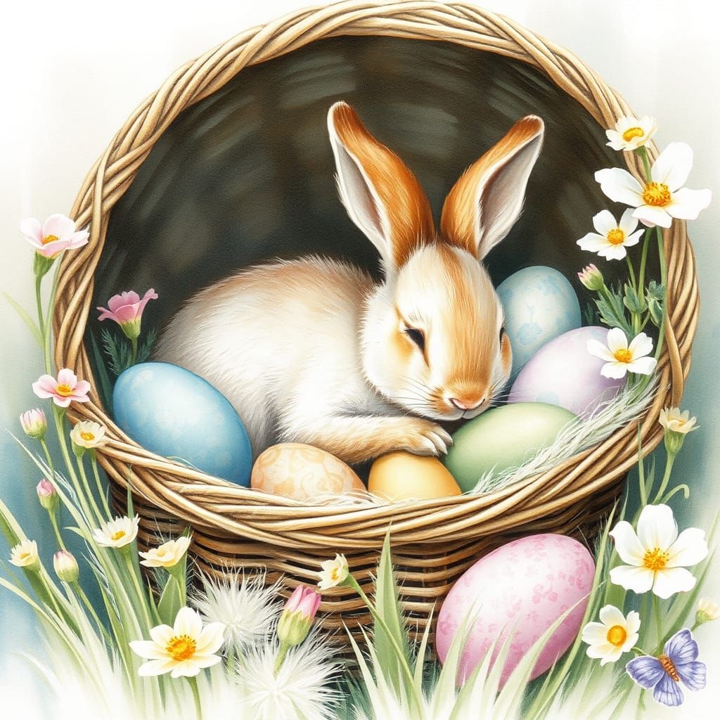 Little bunny sleeping among the eggs - cute, illustration,watercolor Highly detailed fine and precise ...  by @curiouscat 