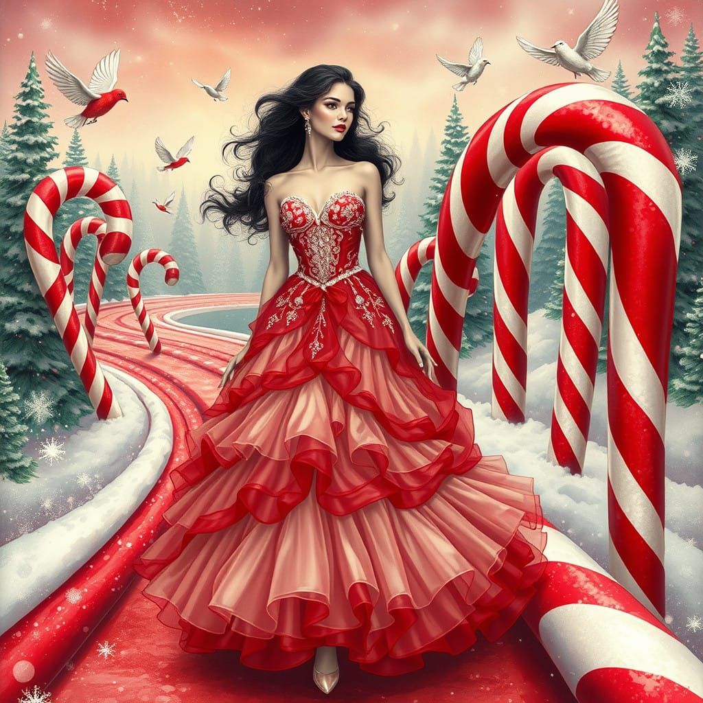 Whimsical Christmas Queen in Candy Cane Stripes, Surrounded....