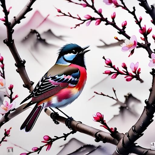 Bird and plum blossoms, muted color, rice paper texture, splash paint, wet to wet techniques, perfect balance composition, 4k, high resoluti...