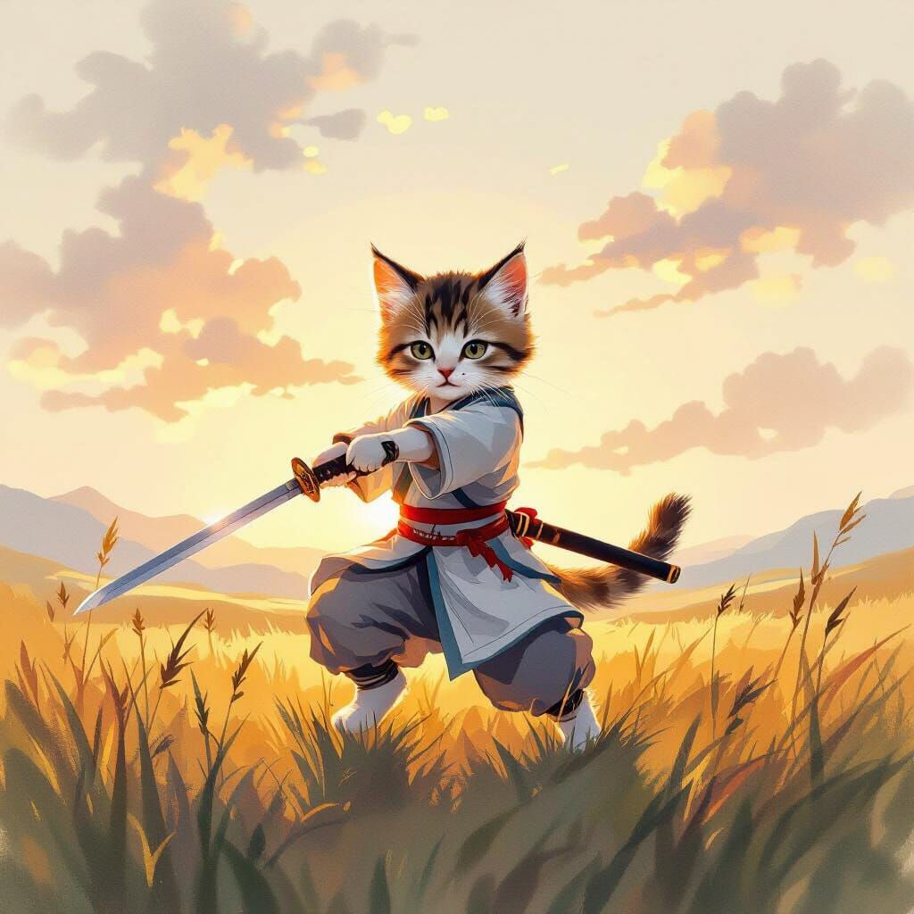 Cute Kitten Warrior Dancing in Grassland at Sunset