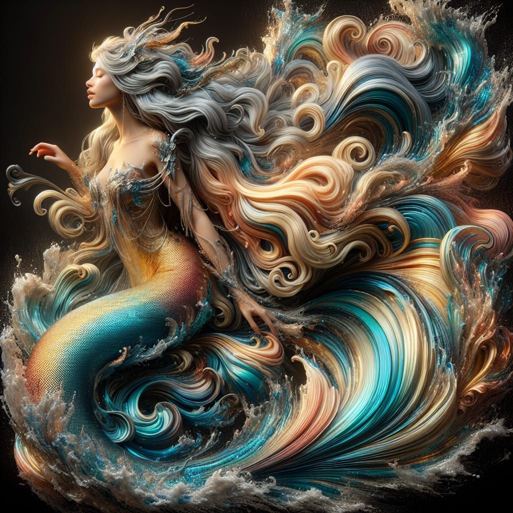 A shimmering mermaid with flowing locks of sliver-gold hair and a glittering ombre turquoise and peach ...  by @Ari_mermaid06