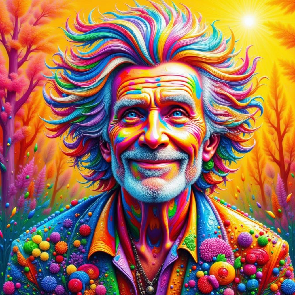 <lora:kak-colorful Impasto:1.0> A colorful elder man with colorful hair, and colorful clothing 