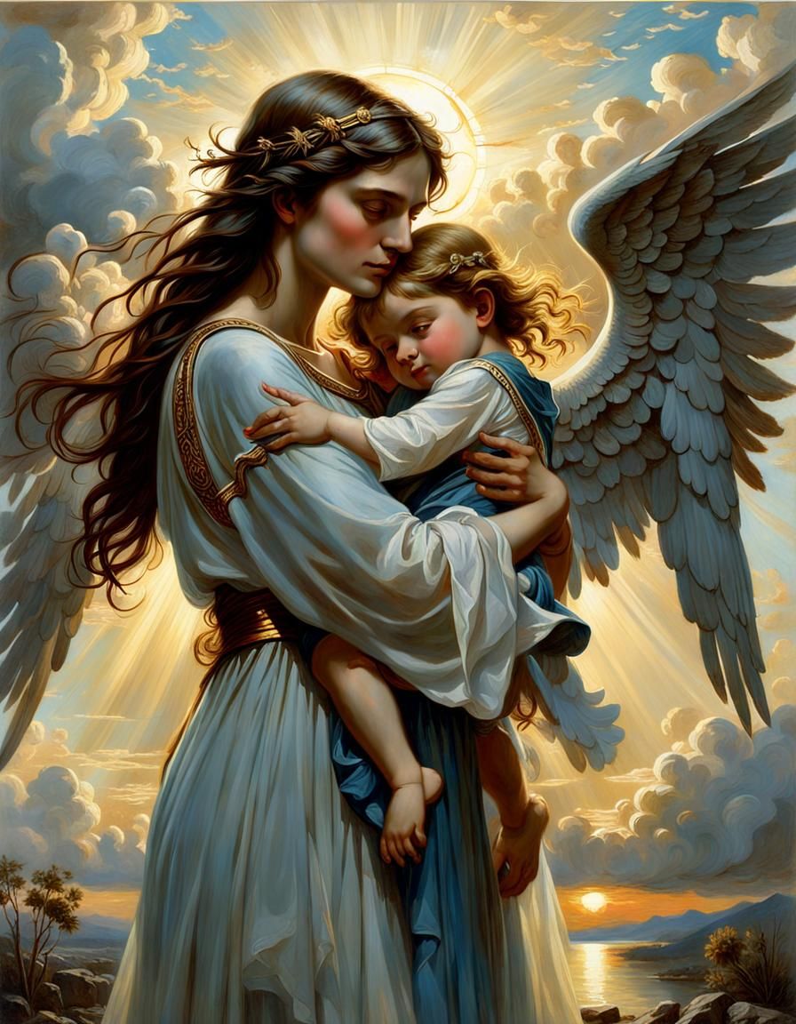 Angel hugging her child , clouds , eden , sunrays , heavenly...