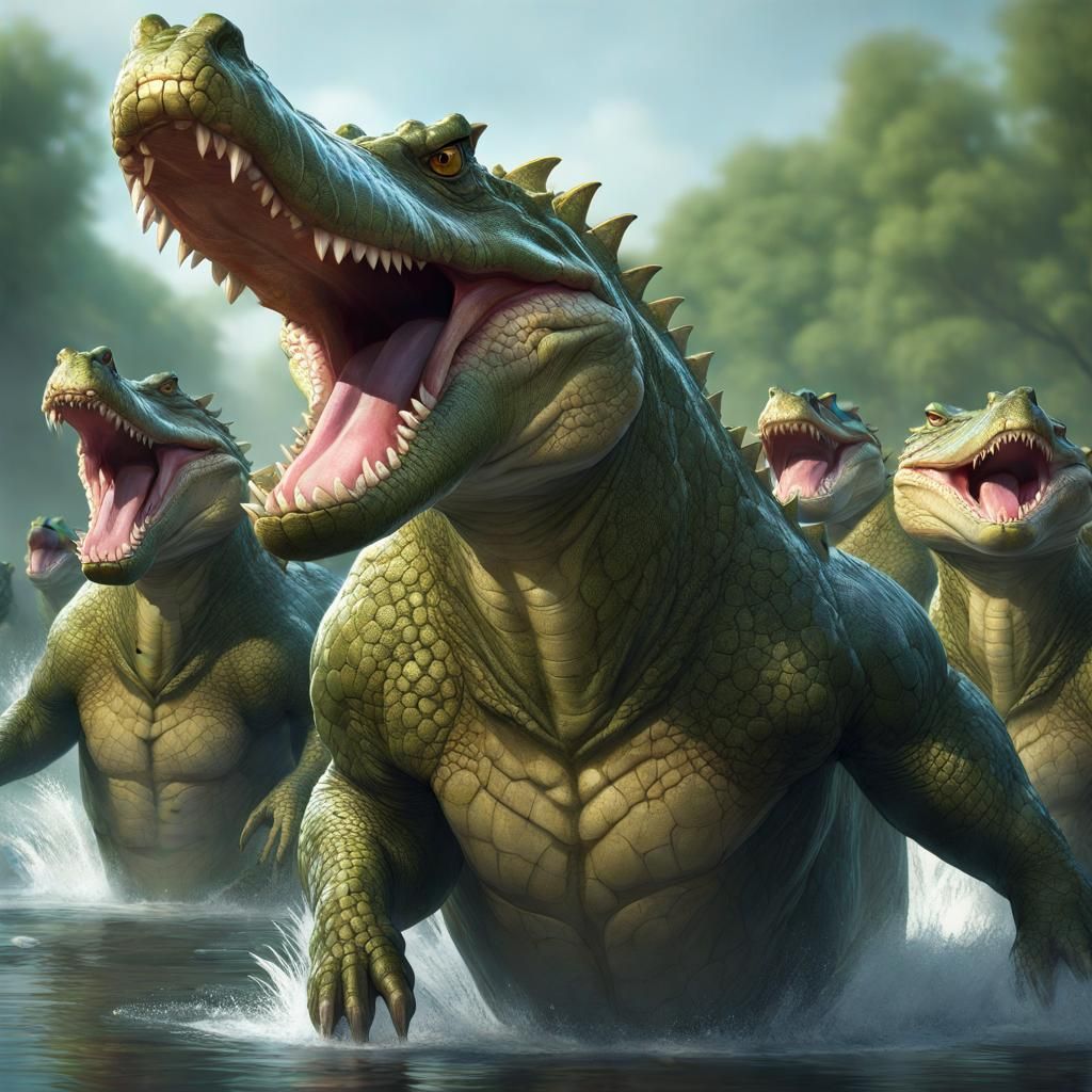 an army of crocodiles emerging from a river on their two hin...
