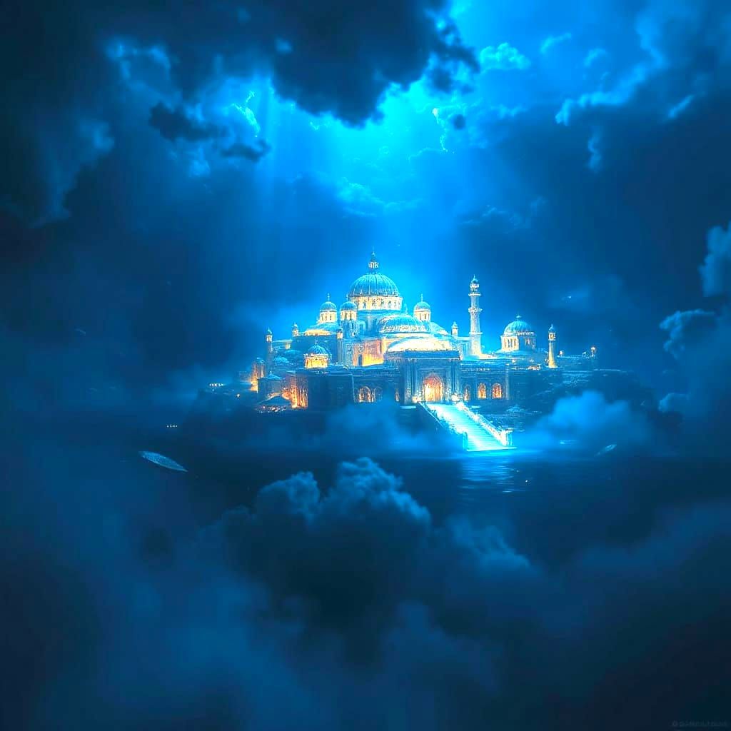 In the deep of the blue ocean , lies the legardy Cities of Atlantis with dome and great light and great glory