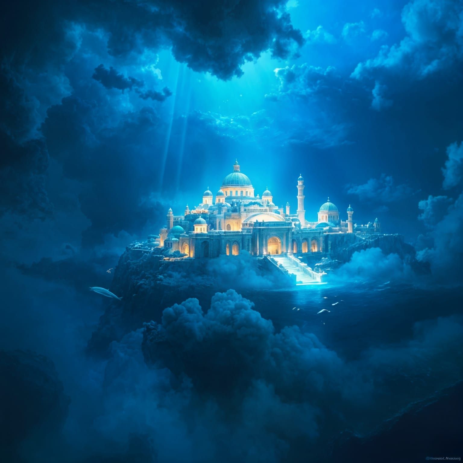 In the deep of the blue ocean , lies the legardy Cities of Atlantis with dome and great light and great ...  by @undefined