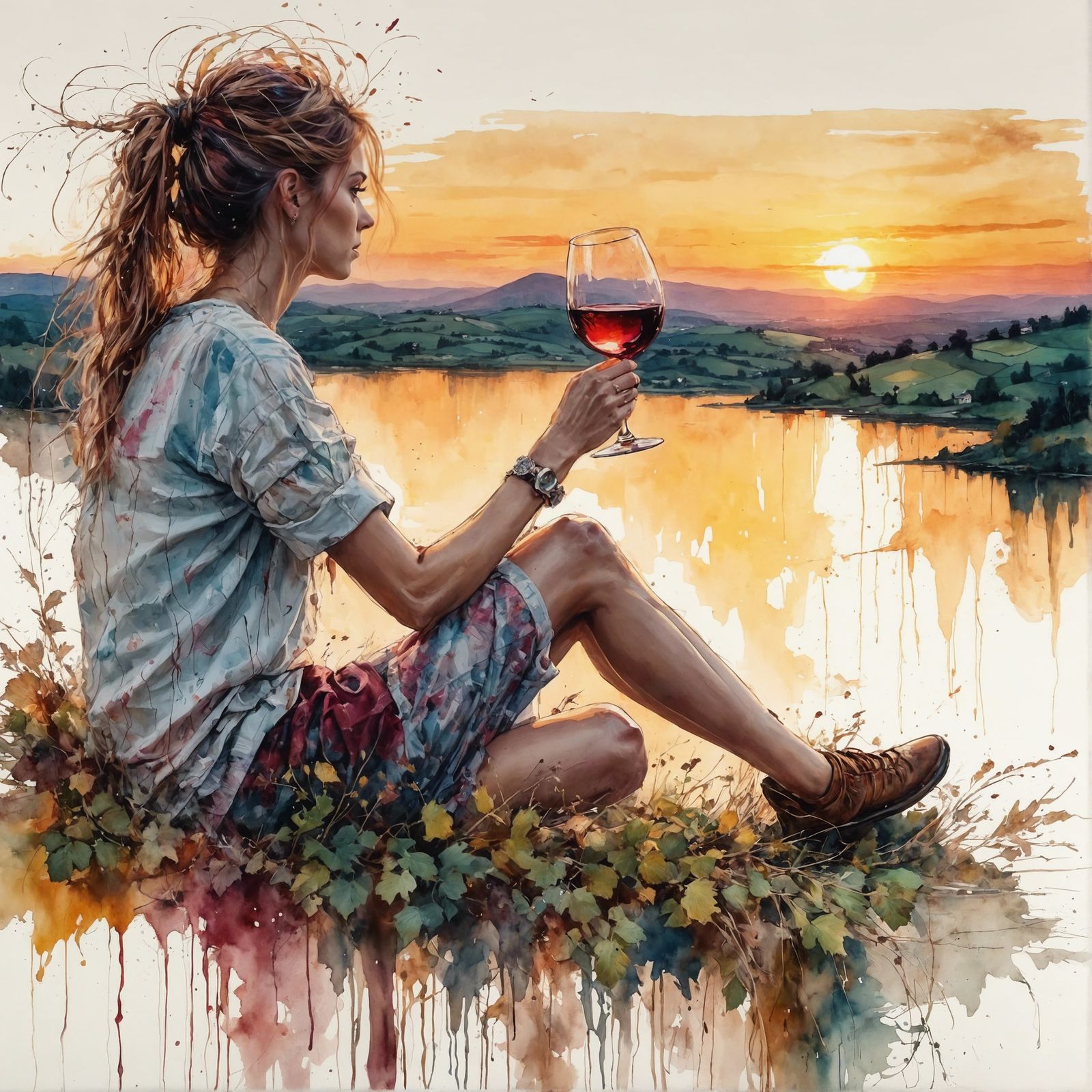 Drinking wine watching the sunset over the hills, style of C...