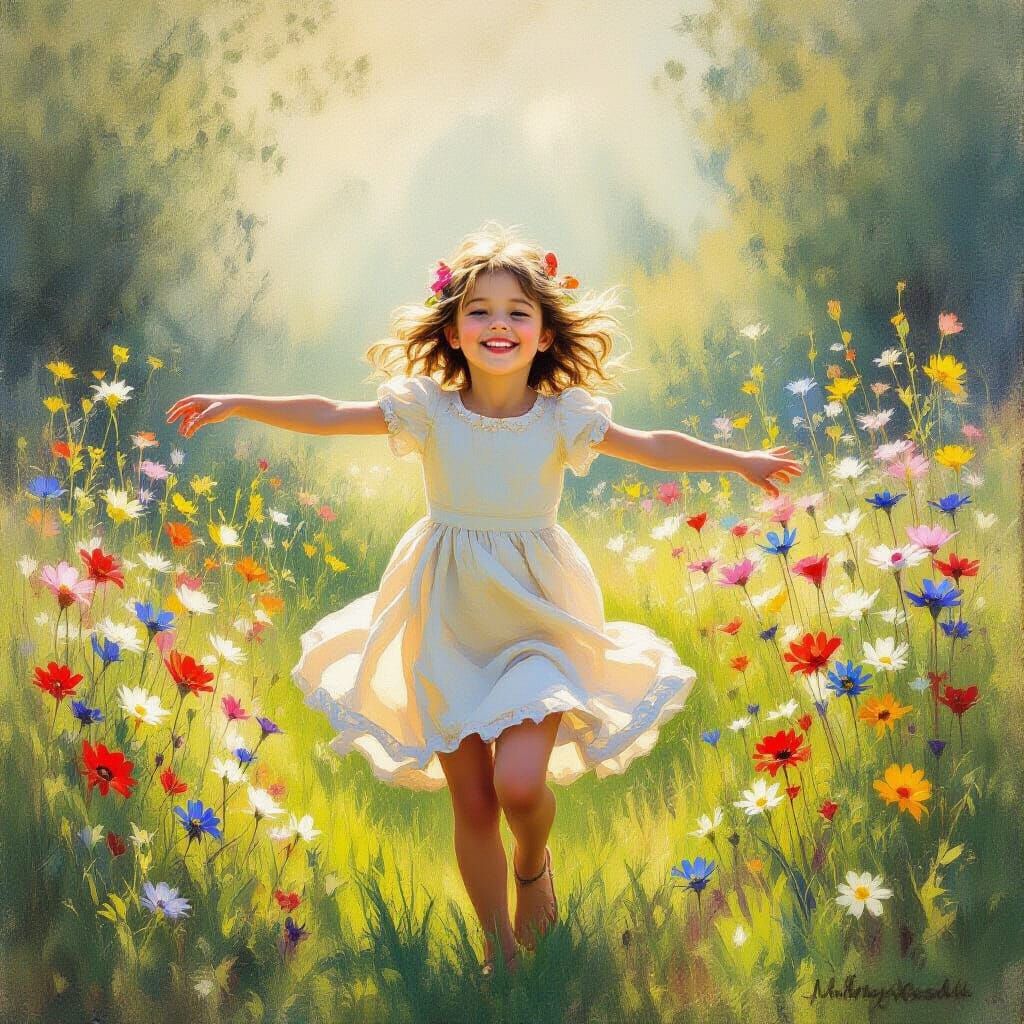 Joyful Girl Dancing in Wildflower Meadow Oil Painting