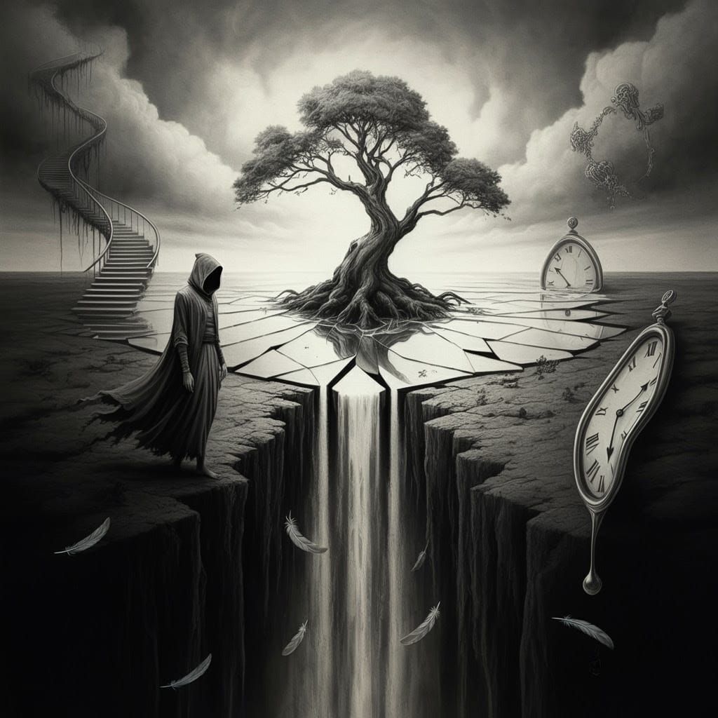 Ethereal Figure at Precipice in Mystical Landscape