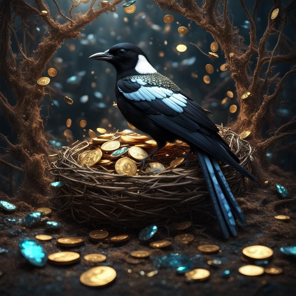 Magpie in nest filled with Shiny blinking coins, diamonds, jewels. detailed matte painting, deep color, ...  by @Risiam 