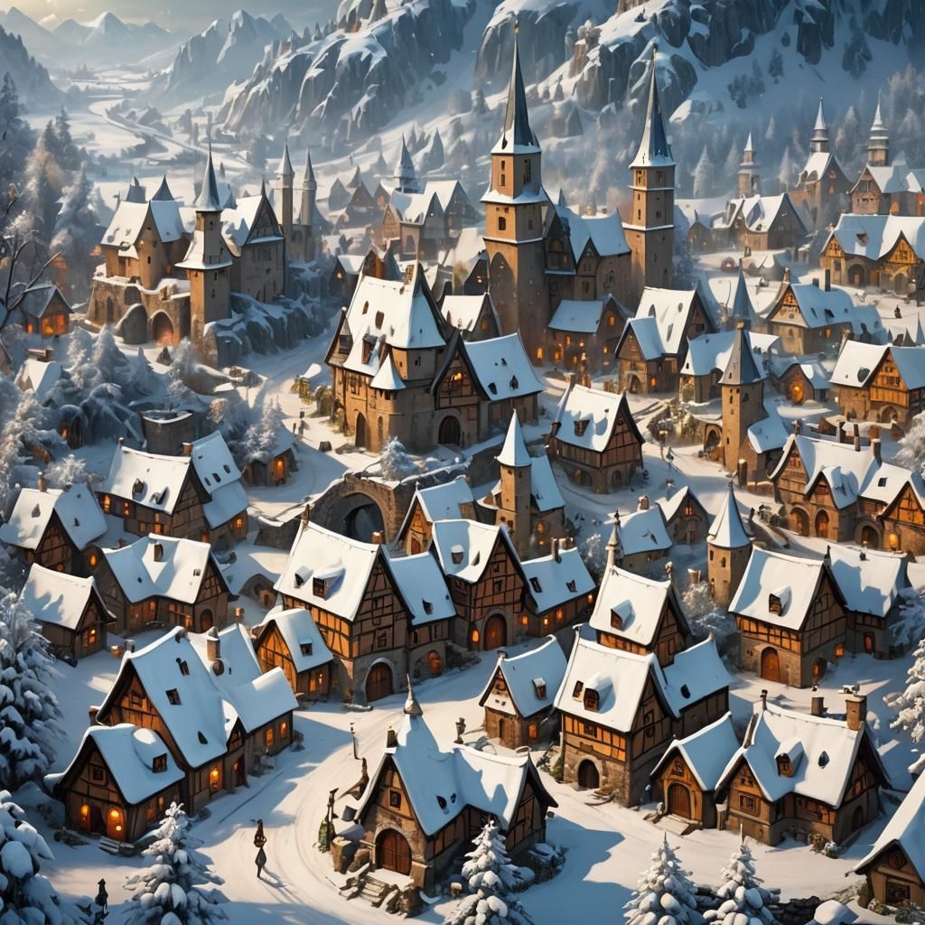 winter fantasy wonderland with medieval town