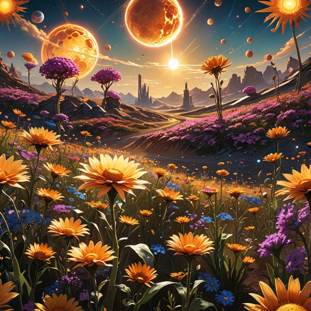 Purple unknown big flowers growing on the planet with 3 suns...