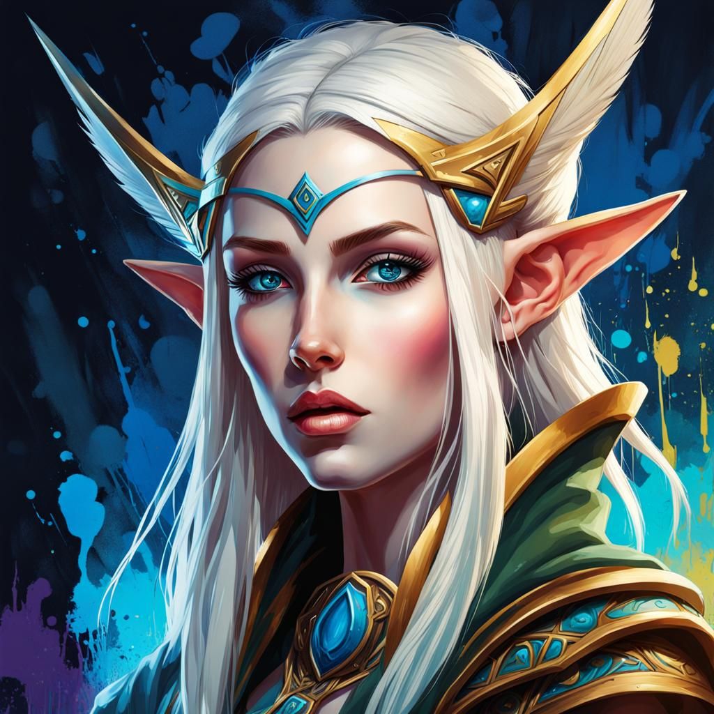 Female high elf. Druid. Pale skin with dark blue eyes. Blonde hair ...