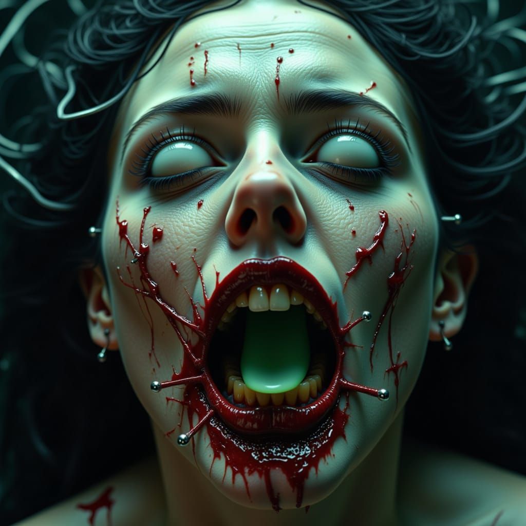 <lora:Realistic Terror:1.0> Close-up of a vampiress with metallic wires piercing through her cheeks and lips, holding them open to reveal bl...