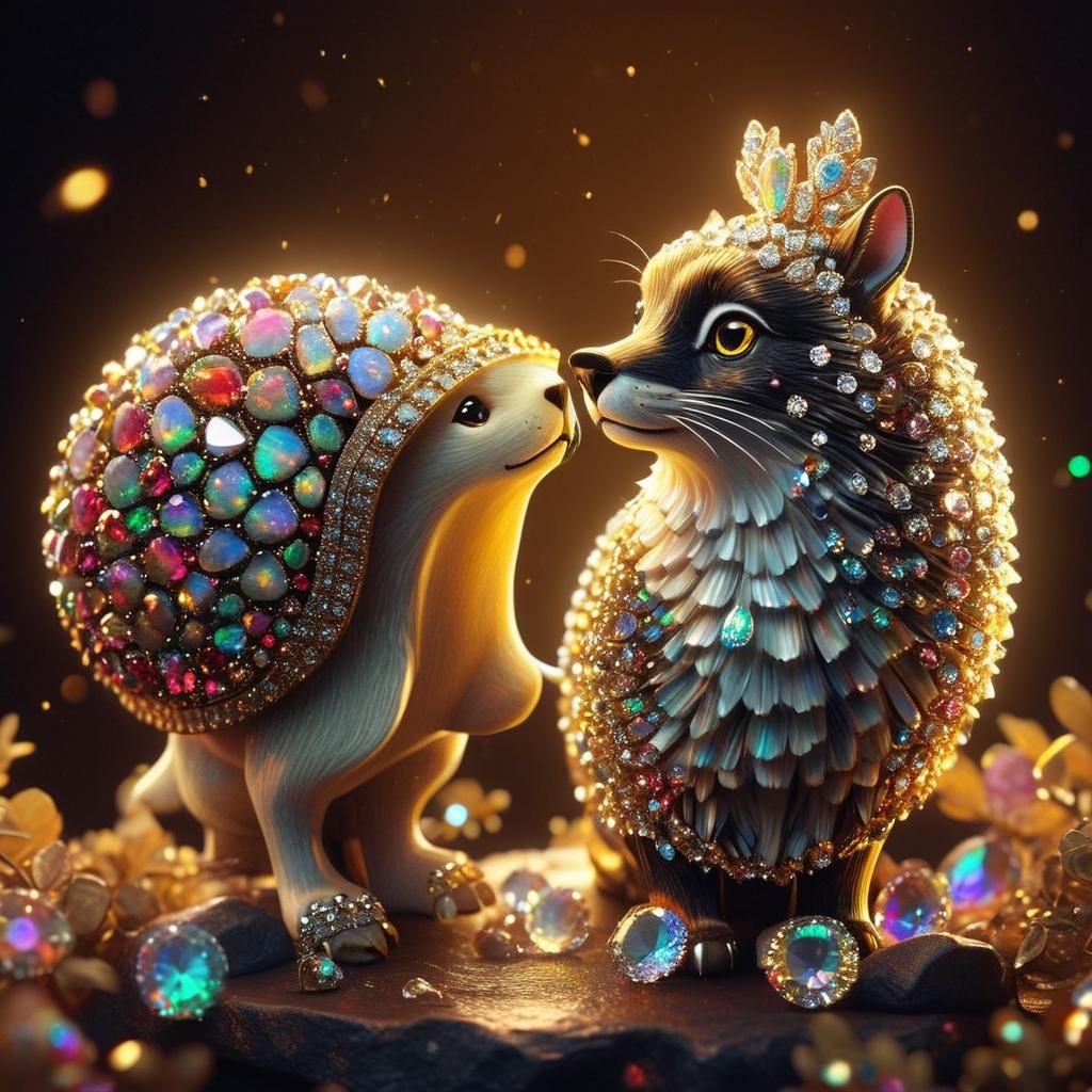 realistic cute image of a noble Animal decorated with opal,s...