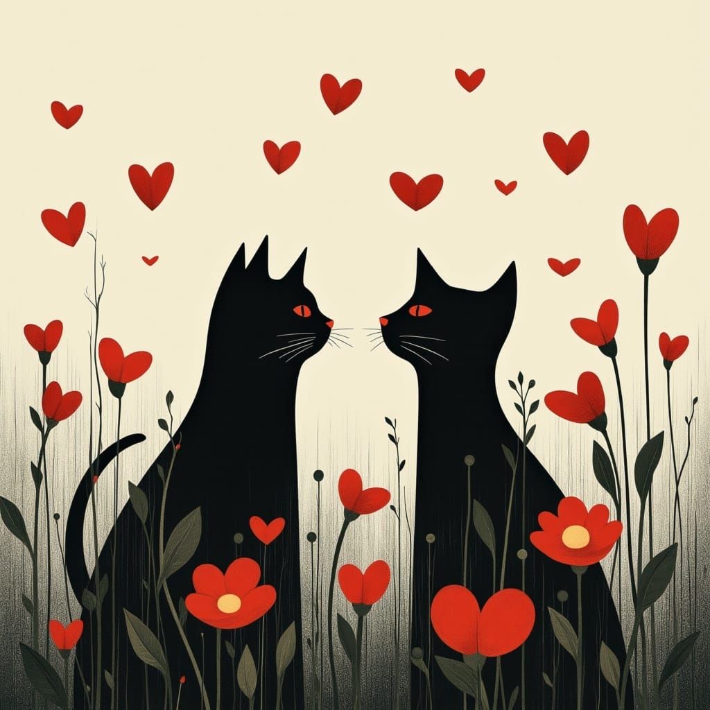 <lora:CSS2Flux:1.0> Two  black cats in a field of flowers with floating hearts, style is an  abstract minimalist illustration with elements ...