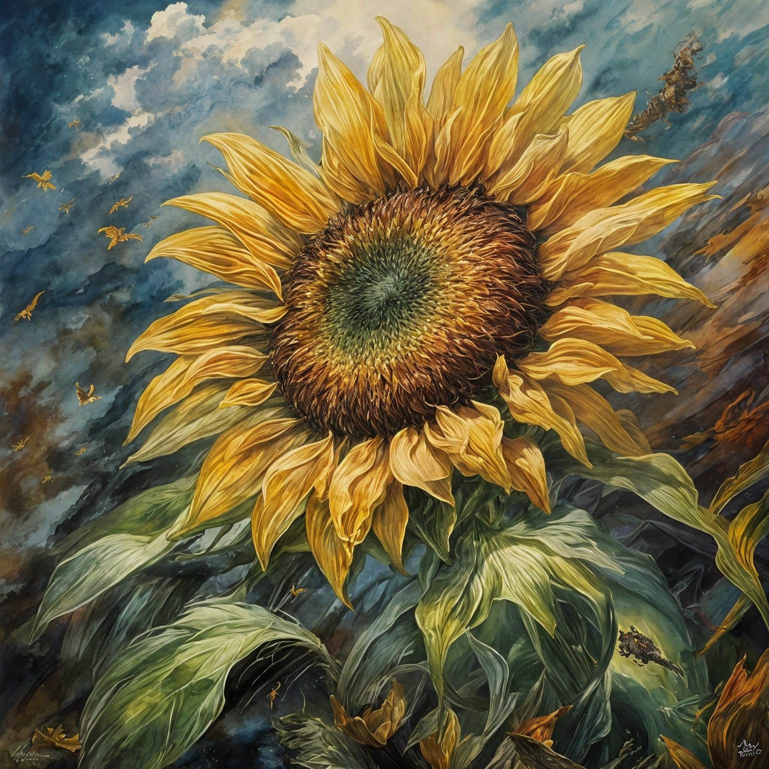 A majestic, hyper-detailed sunflower shown in close-up. Inside its golden petals and dark core, in a ...  by @Likvi