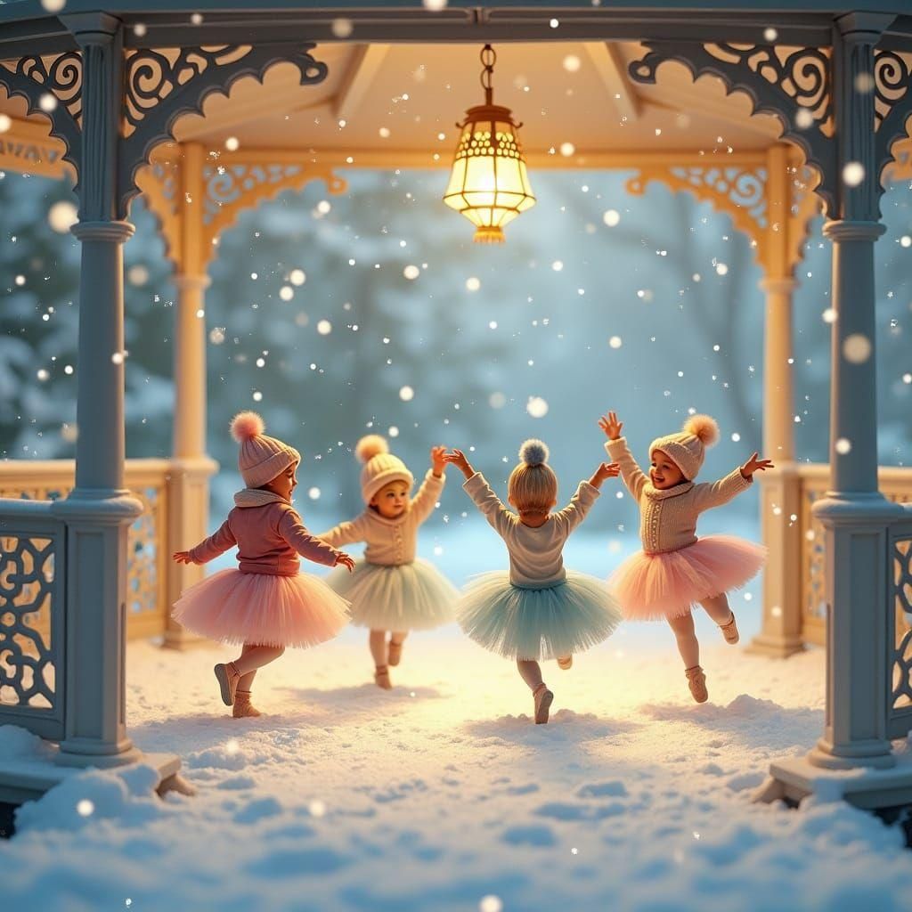 Babies Dancing in Snowy Fantasy Landscape