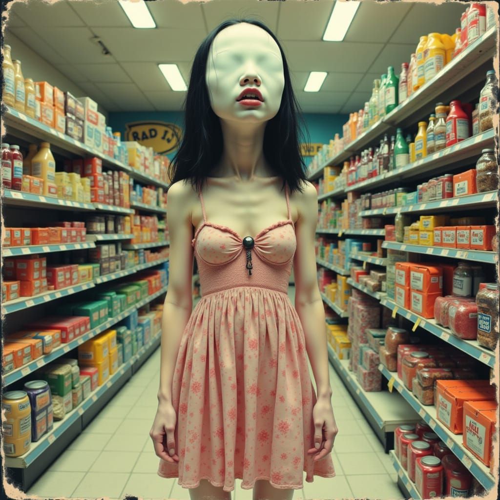 A distorted lowbrow girl with no face stands with a pool floatie in a  superflat grocery store. Lowbrow surrealistic hi fructose horror. Hyp...