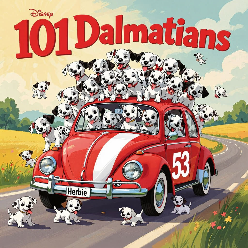 Reimagined movie poster for "101 Dalmatians". Lots of dalmatian puppies in "Herbie" the VW Beetle.