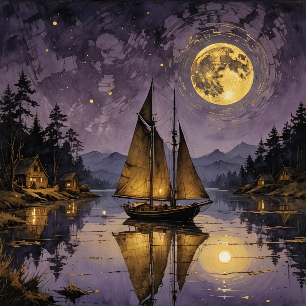 SAILBOAT at GOLDEN MOONLIGHT  by @JustBubu
