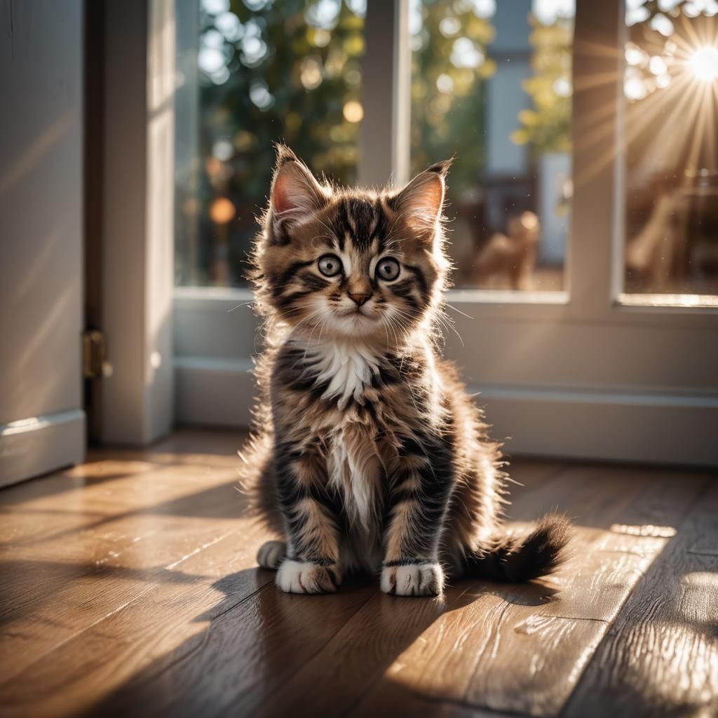 Fluffy kitten playing on a hardwood floor. Window in the background backlighting the kitten and illuminating its fur. Backlit high contrast....