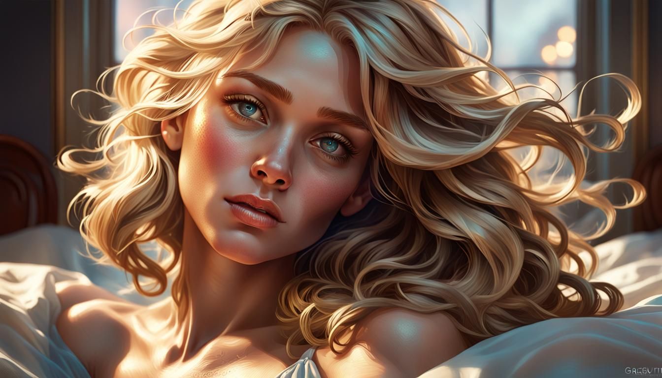 Jane, top model, wavy blond hair, bed, beautiful lighting, h...