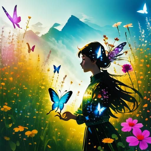 <lora:Silhouette Art AR181:1.0> Fairy, Butterfly, wildflowers, Double exposure art, a photo inside the silhouette, Beautiful double exposure...