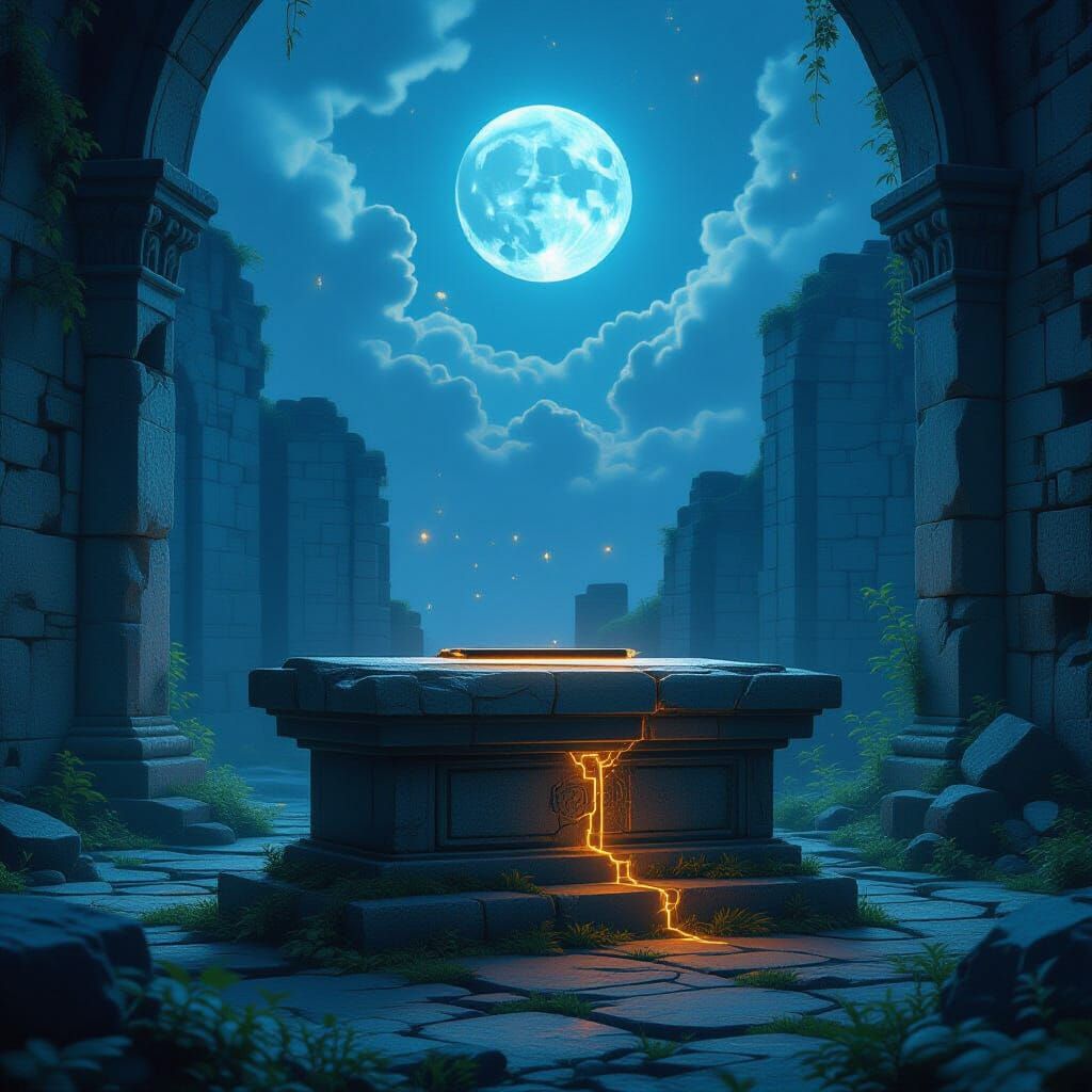 A lone, ancient pencil rests on a crumbling stone altar within vast, overgrown ruins. Ethereal, glowing circuits pulse beneath the stone, hi...