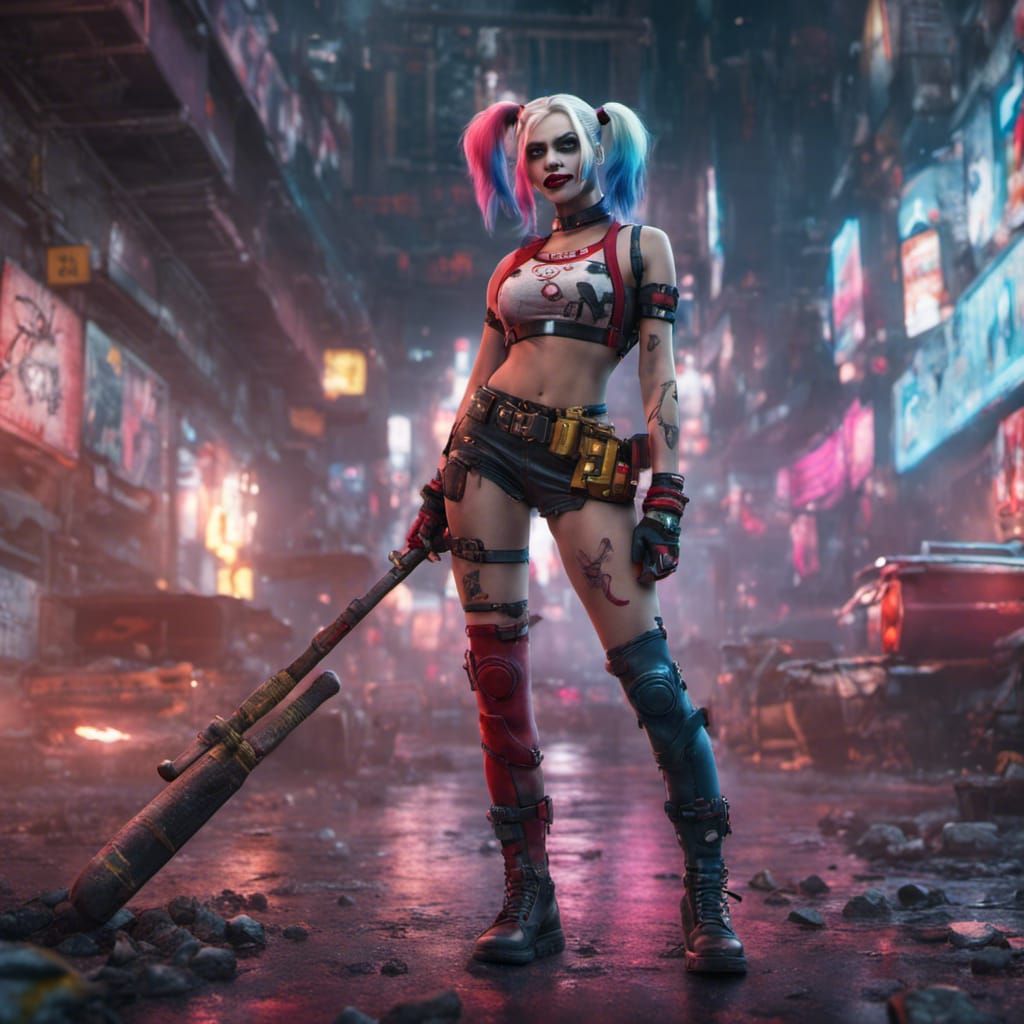 harley quinn in skimpy cyberpunk outfit with baseball bat - AI Generated  Artwork - NightCafe Creator