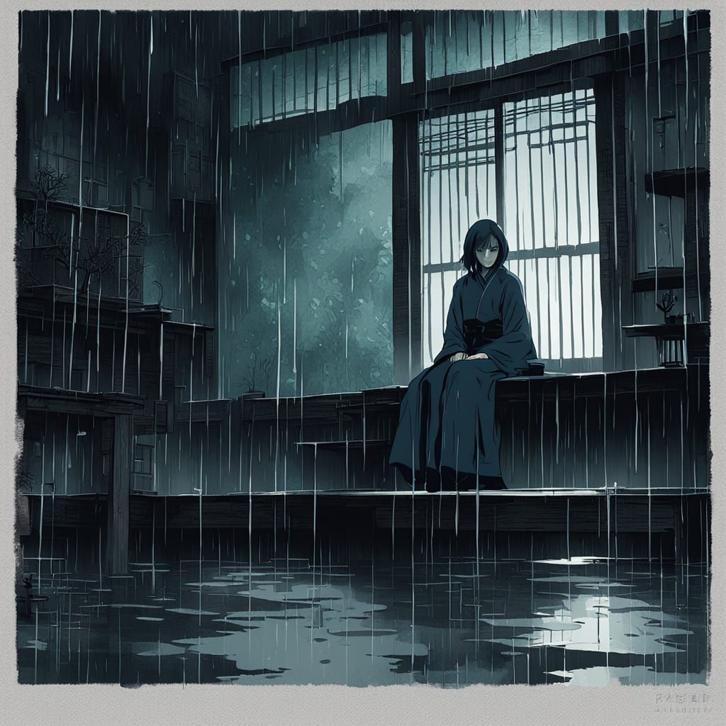 A Girl Contemplates Rainy Days in a Japanese School