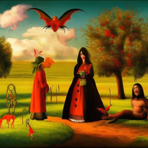 A stable diffusion of colorful surreal pastoral folk art dep...
