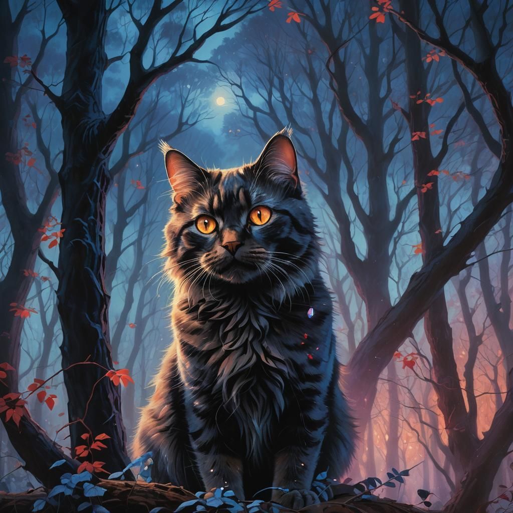 Mystical Blue Cat in a Glowing Forest