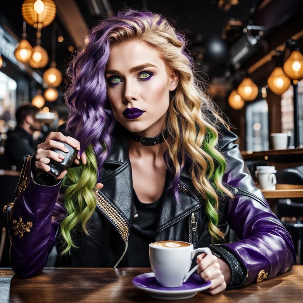Valkyrie with Viking features, wavy golden hair that has pur...