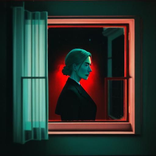 Cinematic shot [worried woman], [bedroom window], at night, ...