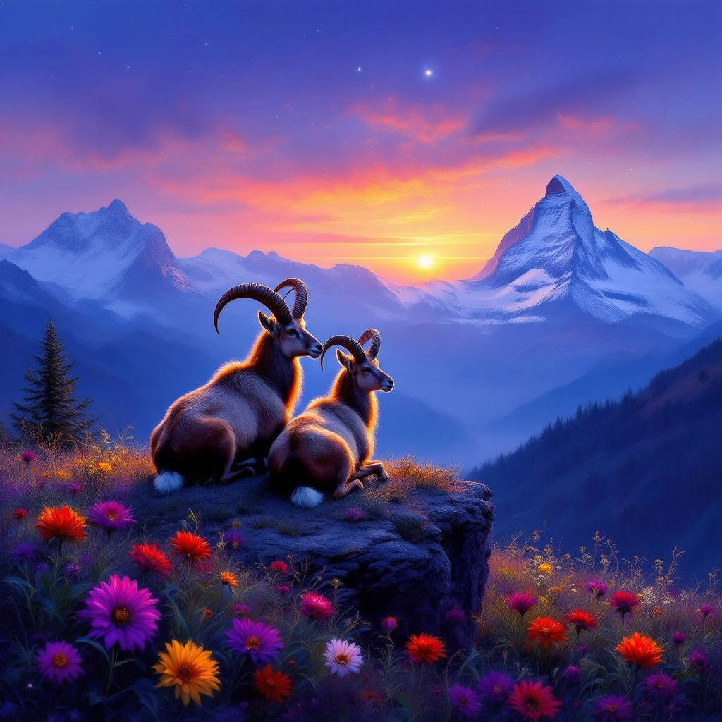 Portrait of Ibexes stargazing sitting on a cliff