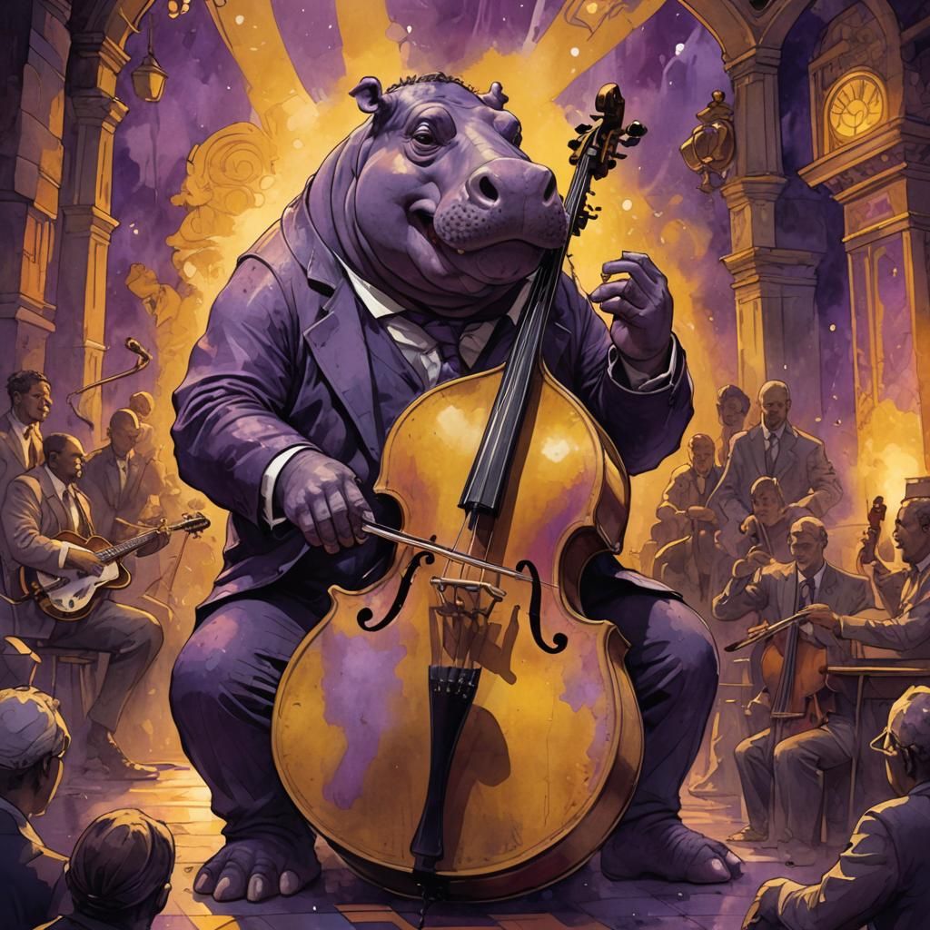a hippo sitting, playing a double bass  by @wakalog